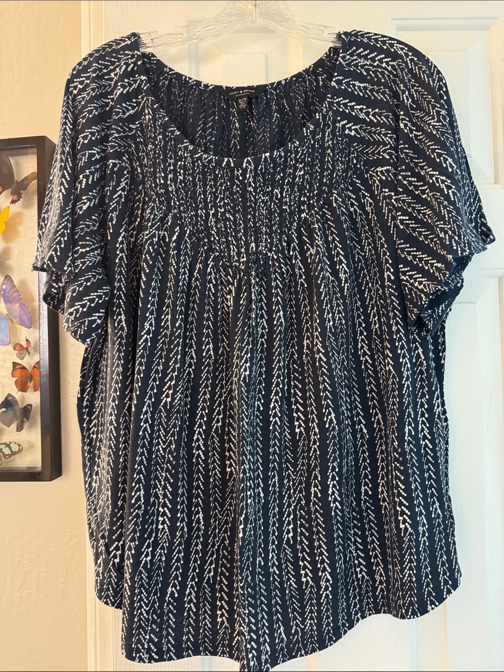 Lucky Brand Navy and White Patterned Short-Sleeve T Shirt Top
